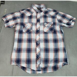 Wrangler Retro Western Pearl‎ Snap Shirt Mens L BLue Lightweight Gingham Plaid